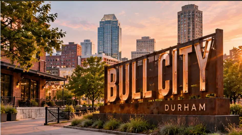 Sunlit amber Bull City sign with the downtown Durham skyline at sunset